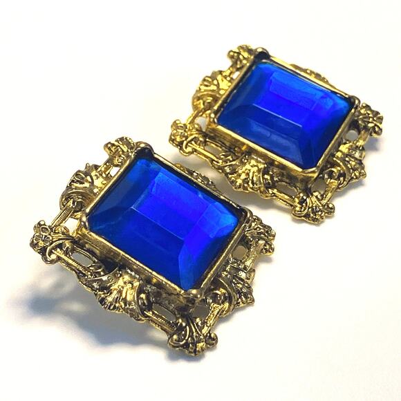 Vintage Cobalt Blue Glass Baroque Gold Tone Clip Earrings 60s 70s Statement - Picture 6 of 14